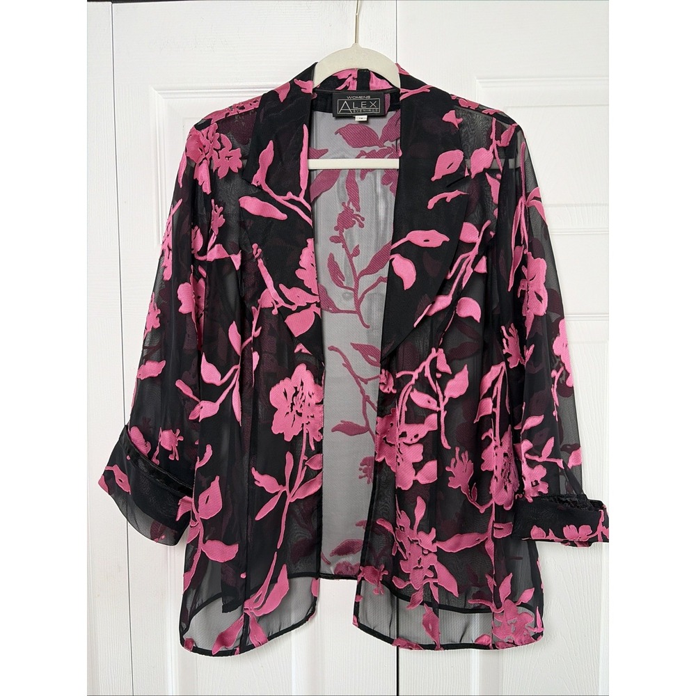 Alex Evenings Floral Burnout Cardigan Womens Size 1X Pink Black Sheer Formal Top